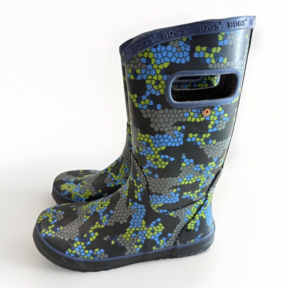 Bogs Kids Rainboots Geometric Camo Blue Green Rubber Waterproof Youth Size 6